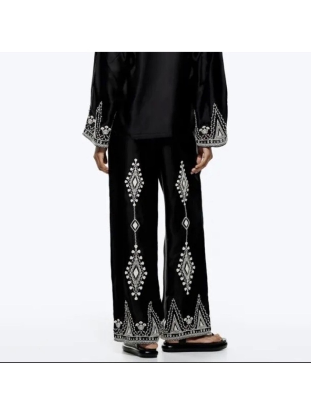 Zara Embroidered Satin Flow Pants | Size Small - Picture 3 of 9